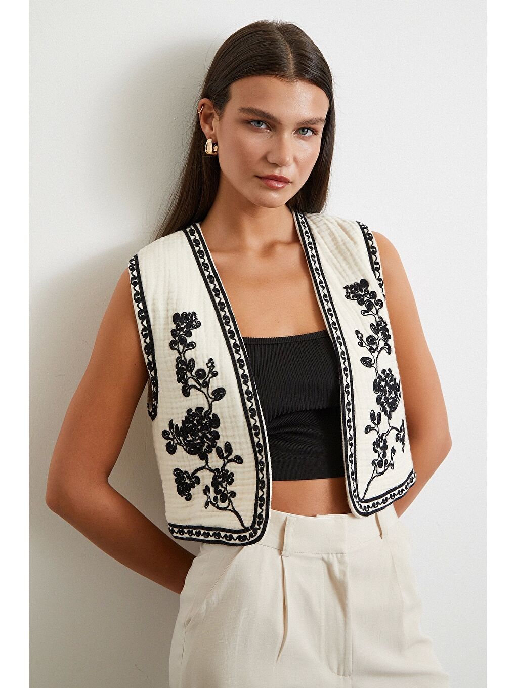 Ekru Nakışlı Oversize Yelek Krem-3