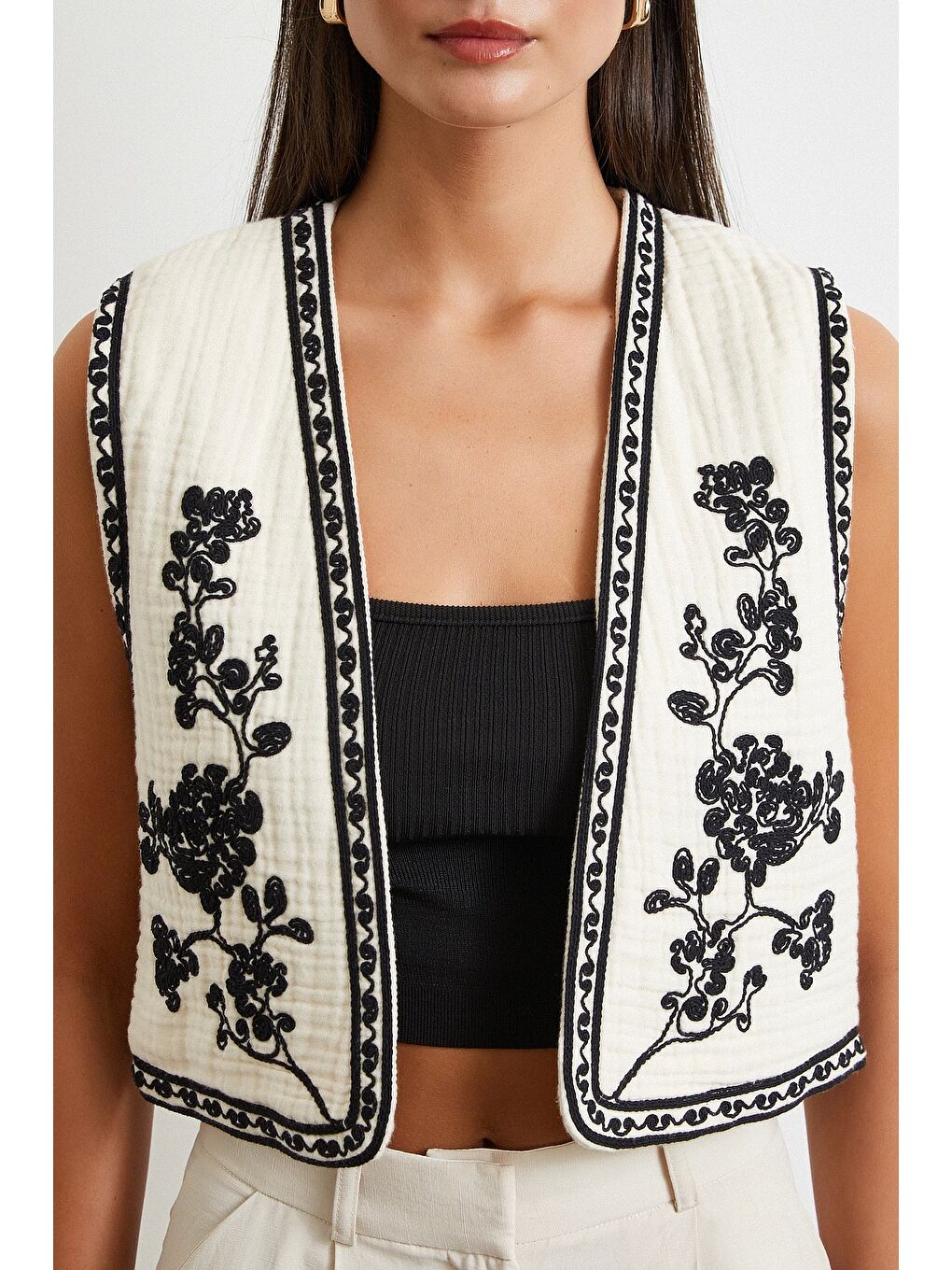 Ekru Nakışlı Oversize Yelek Krem-4