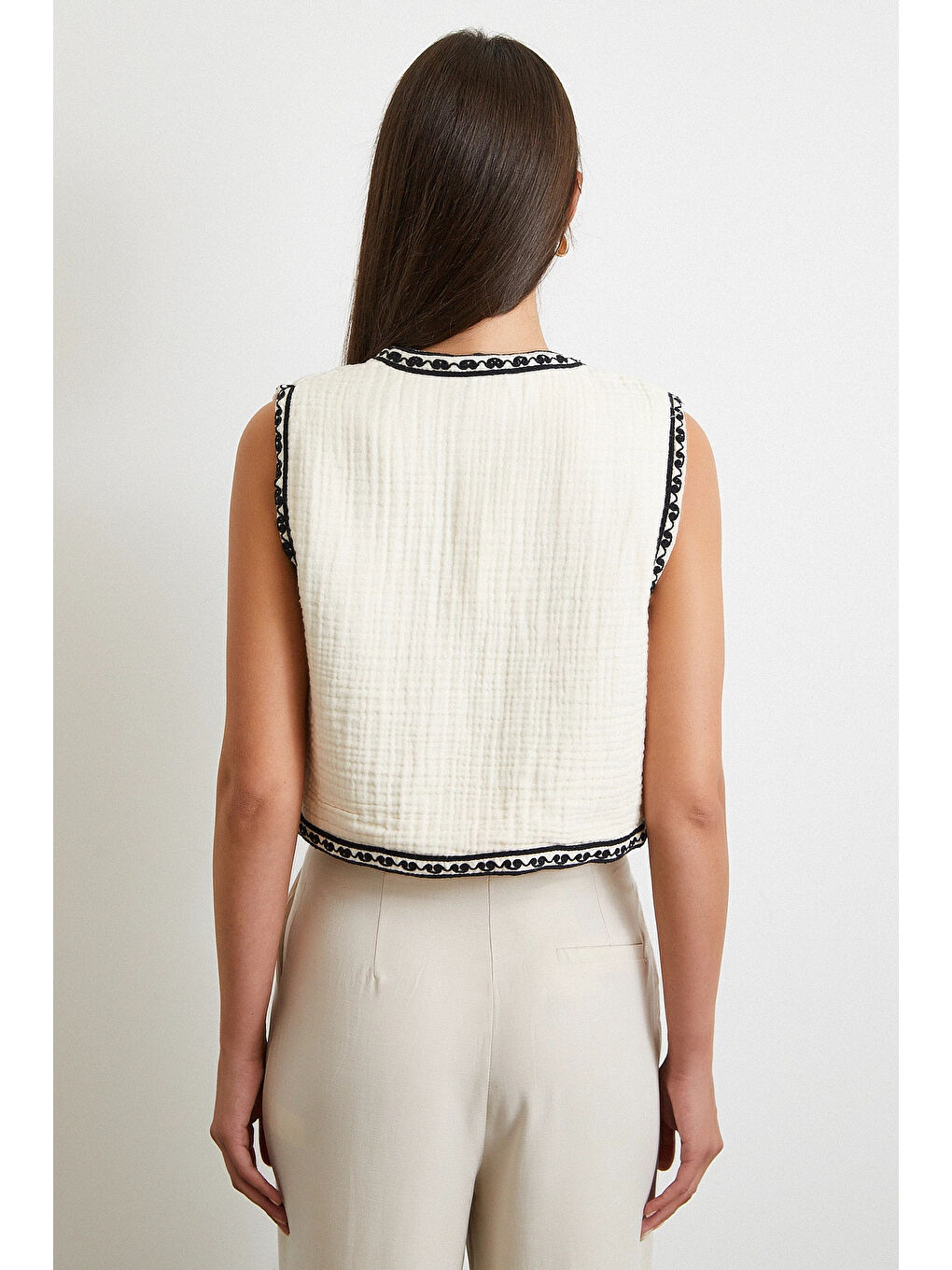 Ekru Nakışlı Oversize Yelek Krem-5