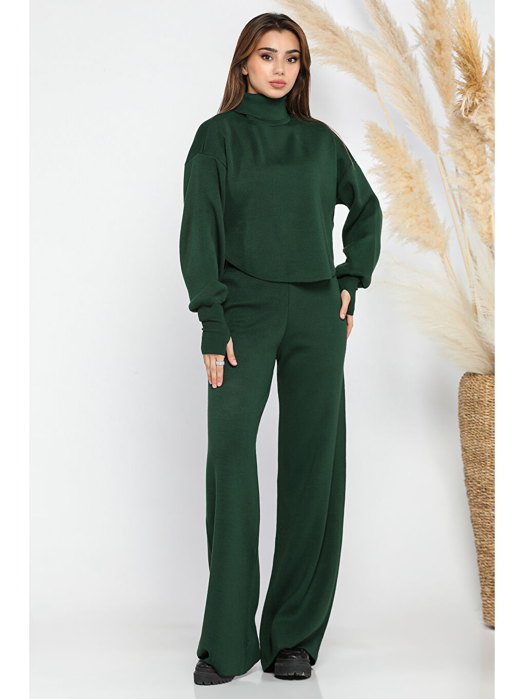 Yeşil Crop Kazak Pantolon Triko İkili Takım