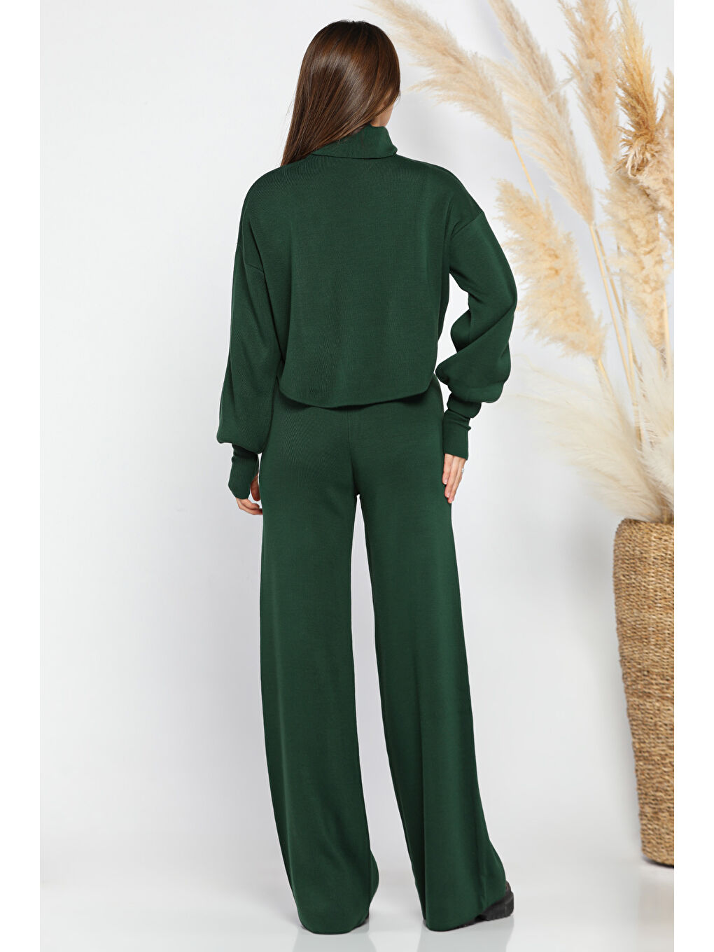 Yeşil Crop Kazak Pantolon Triko İkili Takım-1