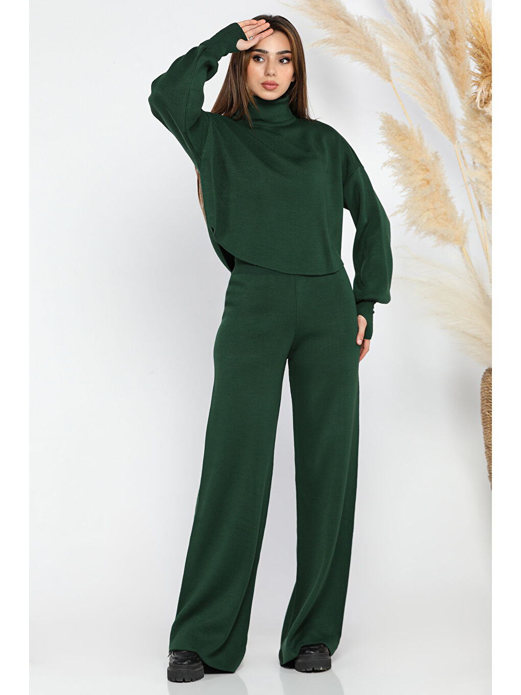 Yeşil Crop Kazak Pantolon Triko İkili Takım-2