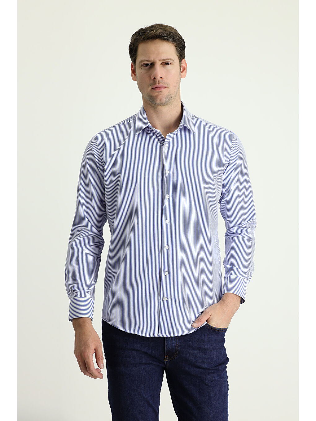 Mavi Uzun Kol Slim Fit Dar Kesim Çizgili Pamuklu Gömlek