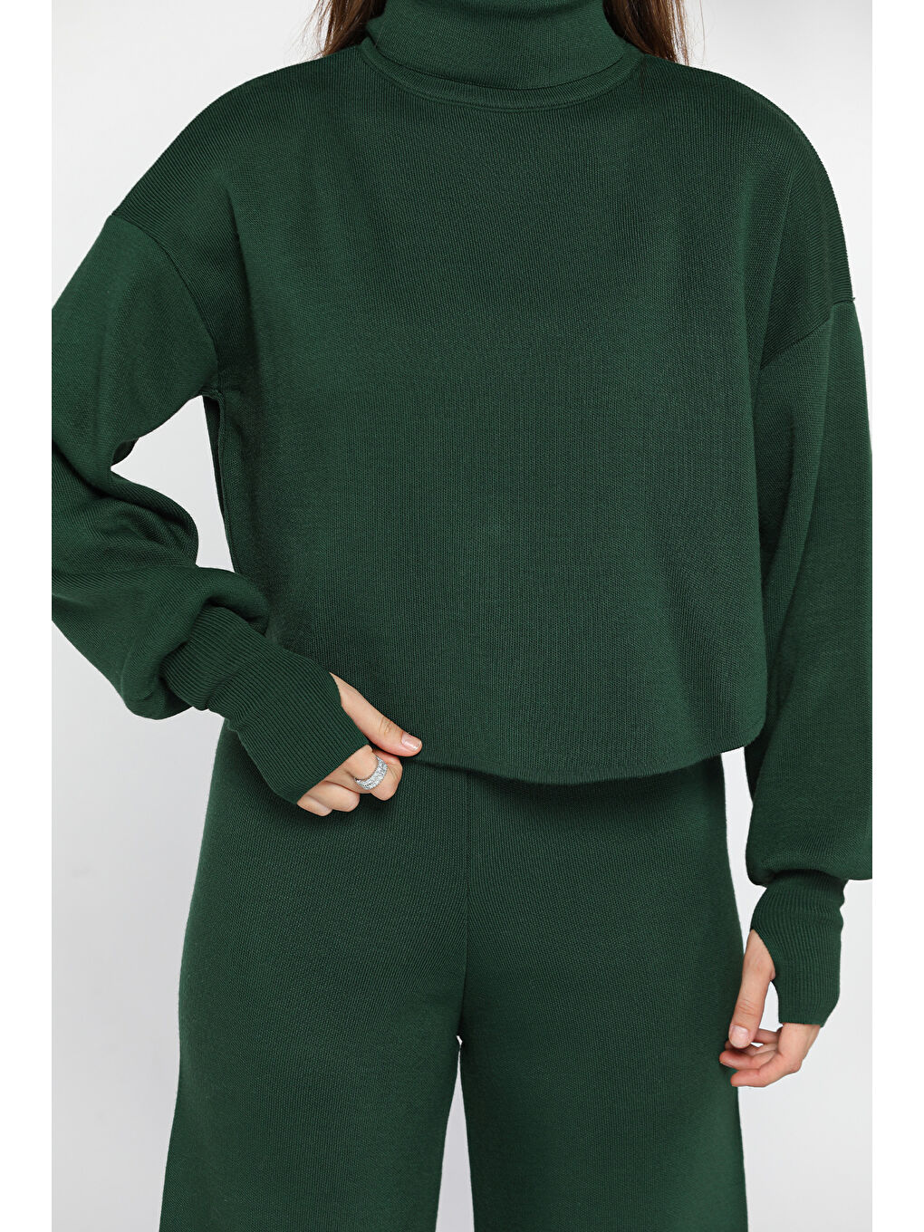 Yeşil Crop Kazak Pantolon Triko İkili Takım-3