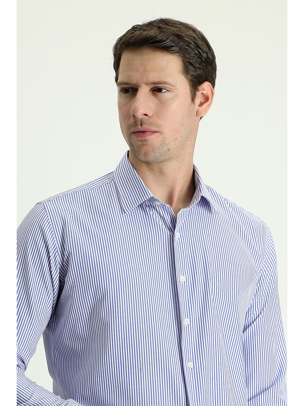 Mavi Uzun Kol Slim Fit Dar Kesim Çizgili Pamuklu Gömlek-1
