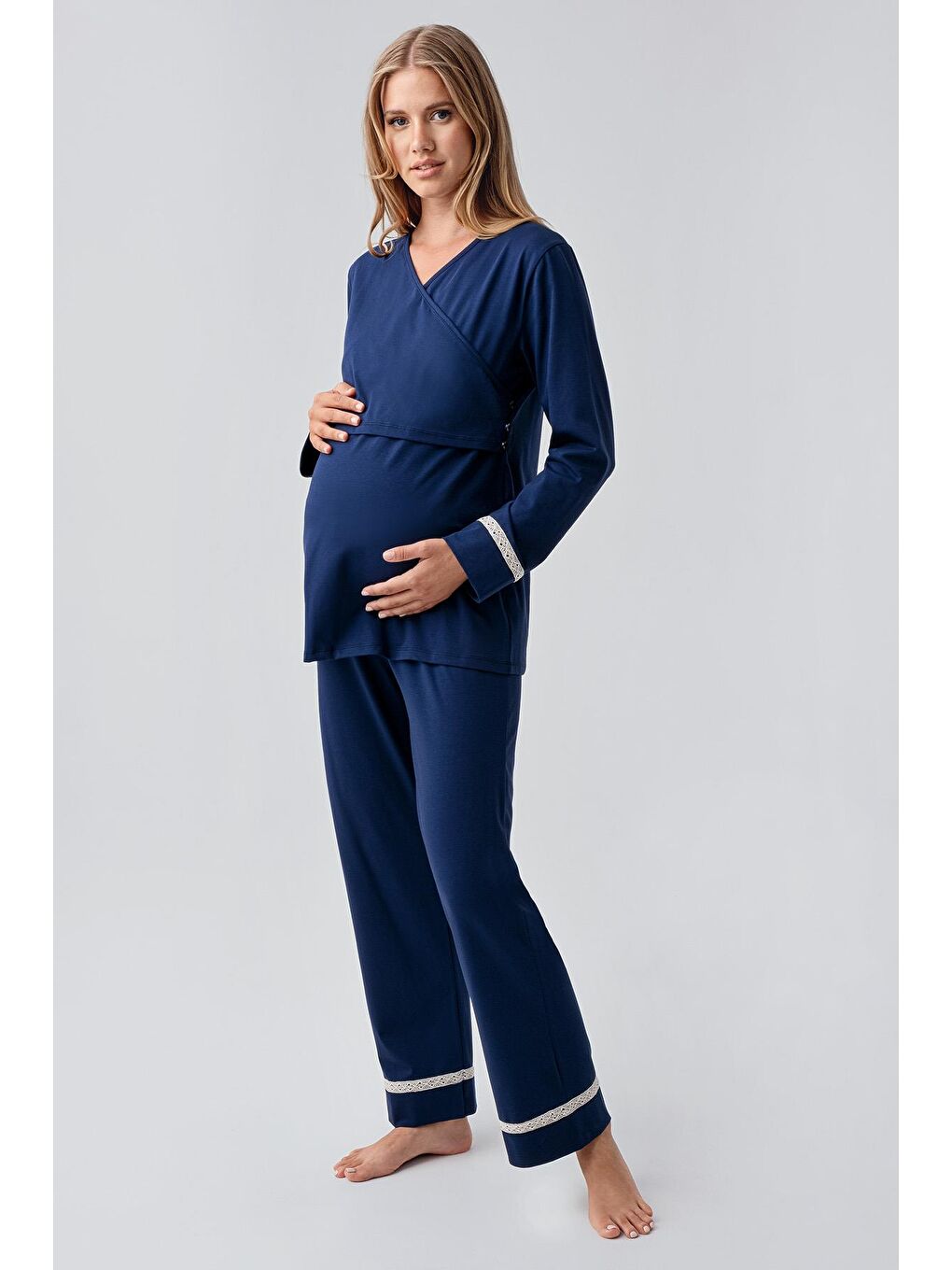 Lacivert Uzun Kollu Esnek Pamuklu Hamile Pijama Takım 18201-1
