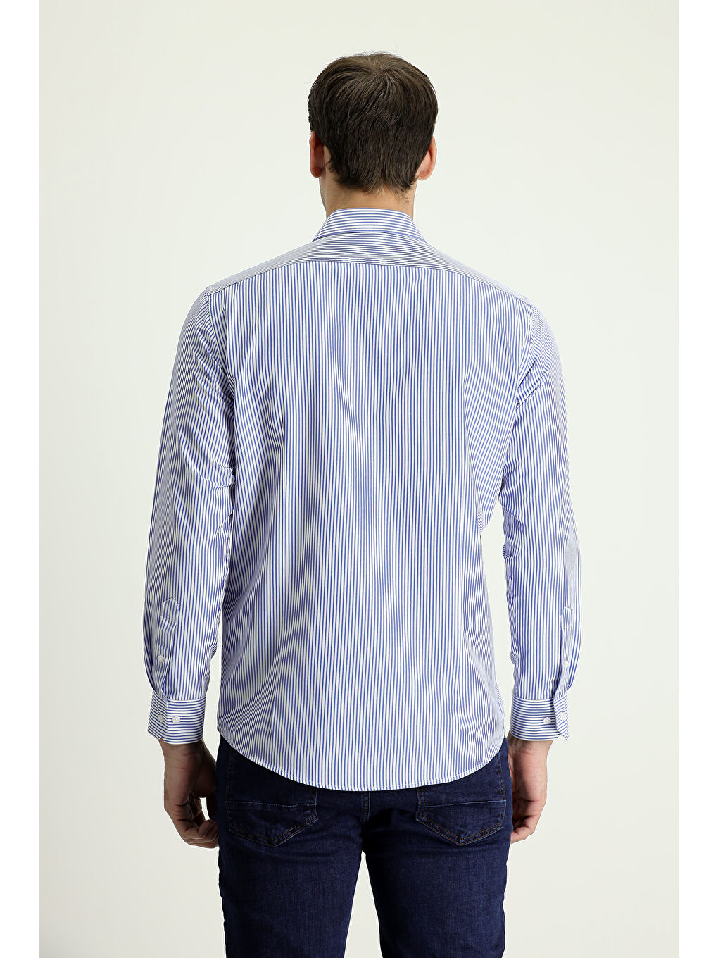 Mavi Uzun Kol Slim Fit Dar Kesim Çizgili Pamuklu Gömlek-2