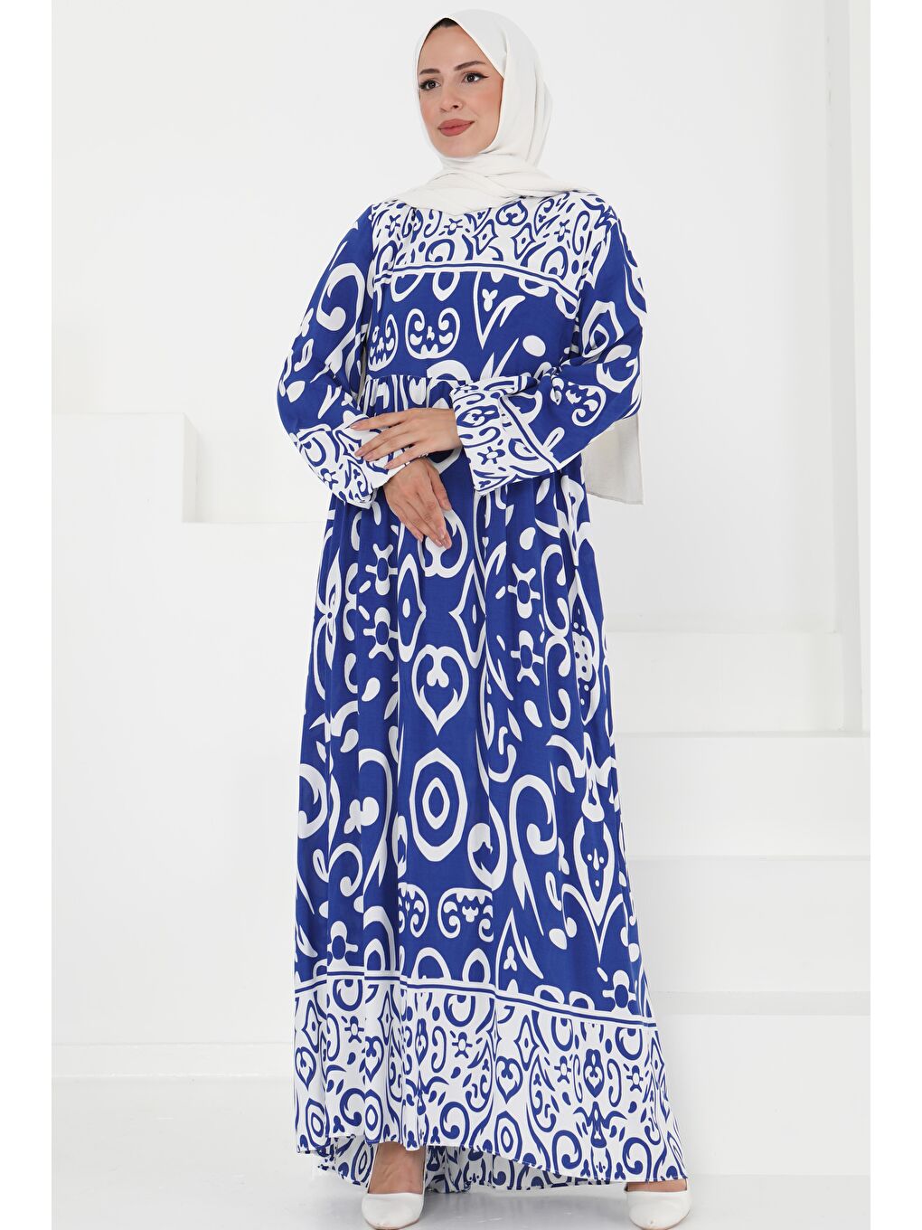 Mavi Desenli Elbise Saks - 27431-2