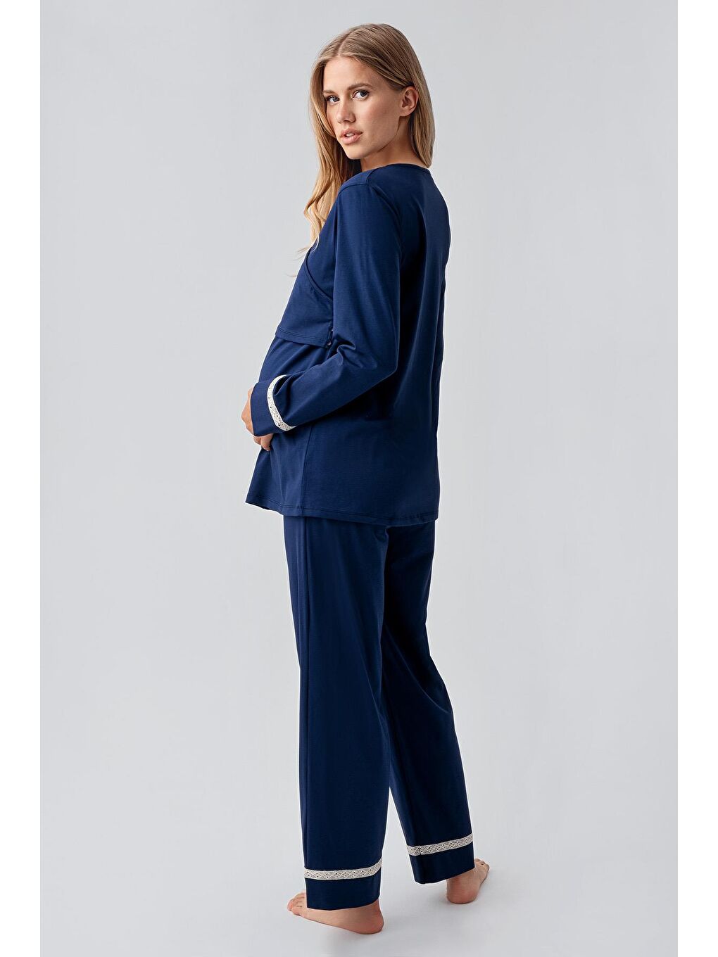 Lacivert Uzun Kollu Esnek Pamuklu Hamile Pijama Takım 18201-2