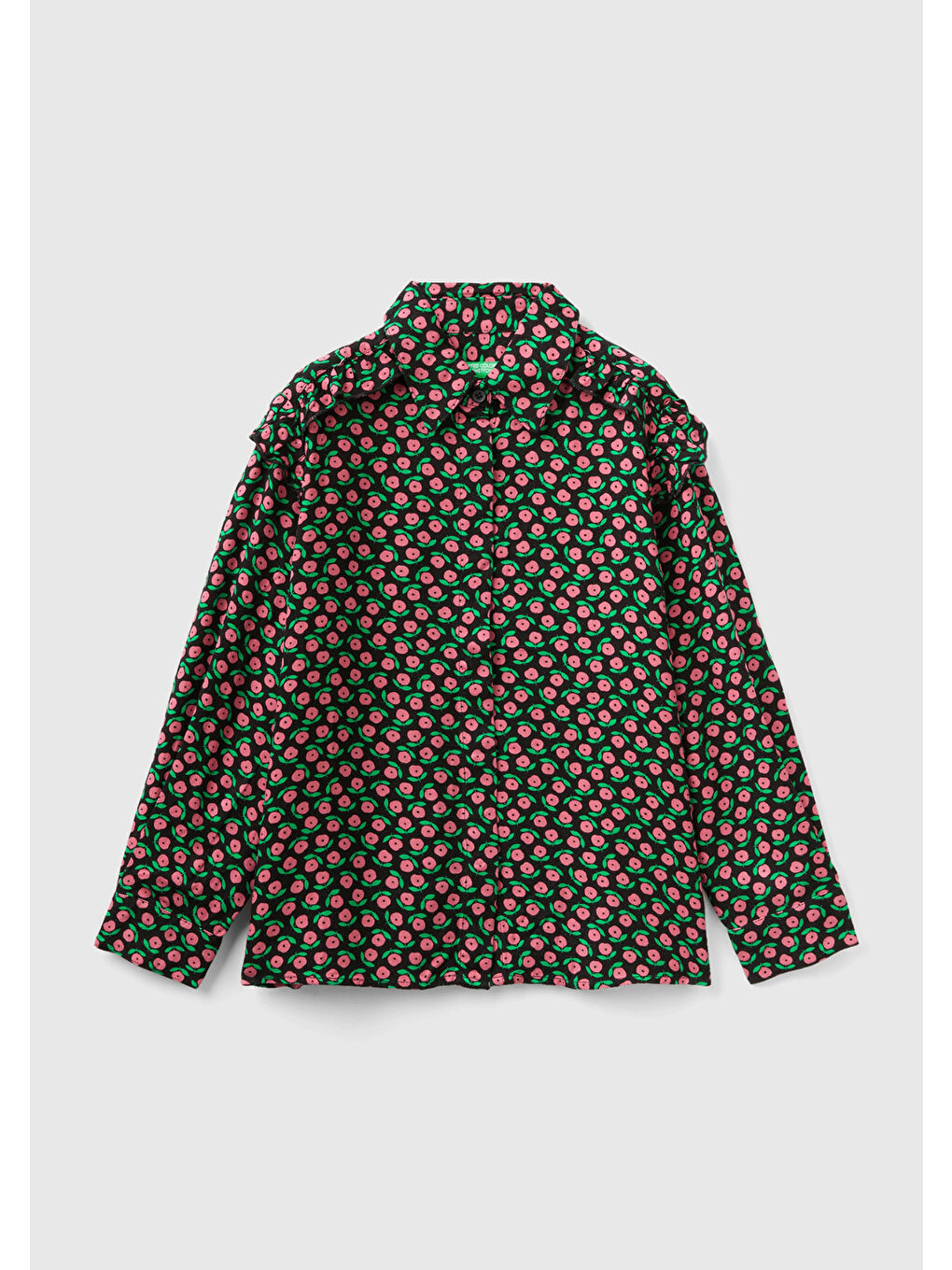 Kız Çocuk Siyah Mix Tamamı Desenli Omuzları Fırfırlı Gömlek