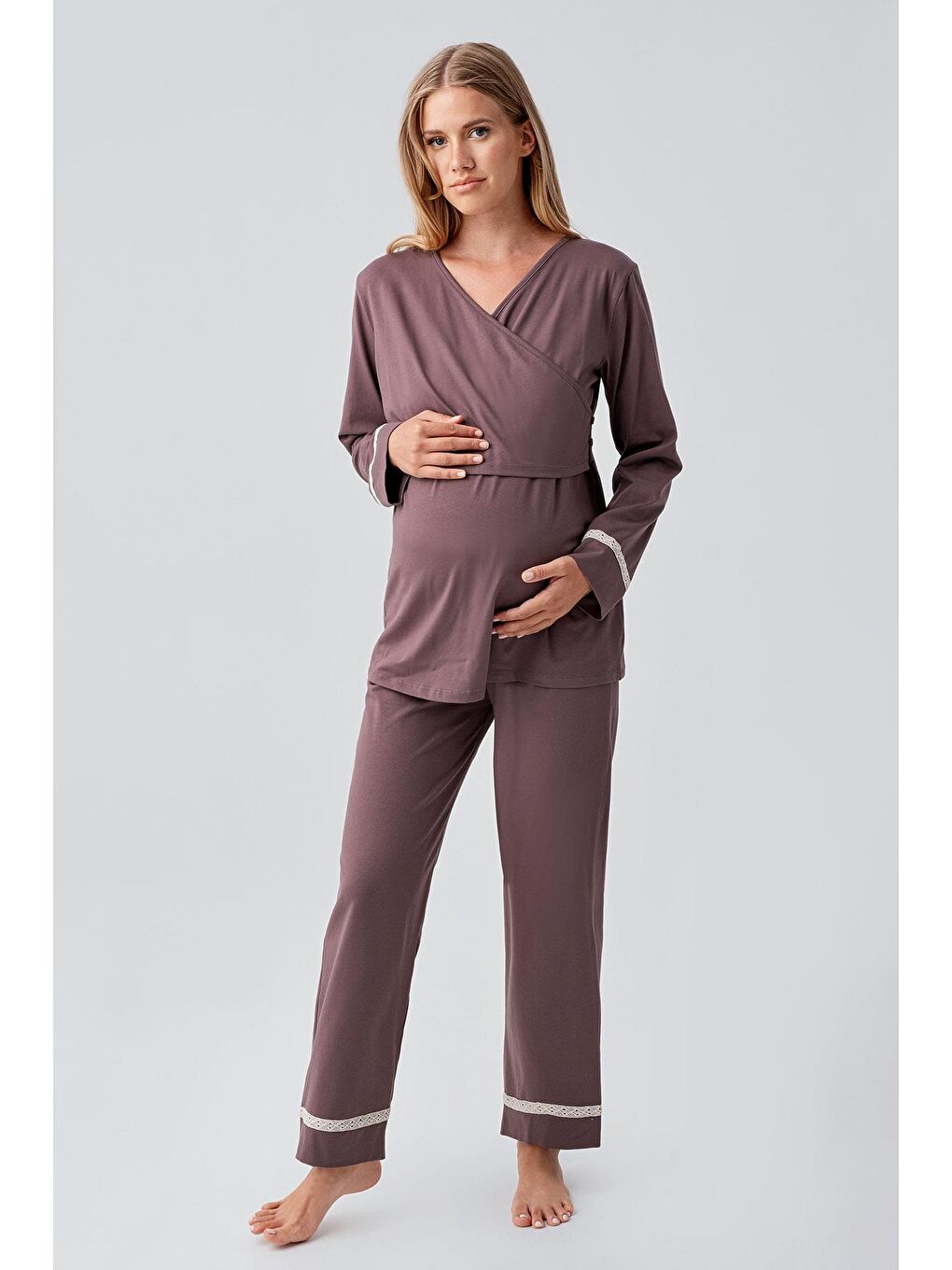 Kahverengi Uzun Kollu Esnek Pamuklu Hamile Pijama Takım 18201