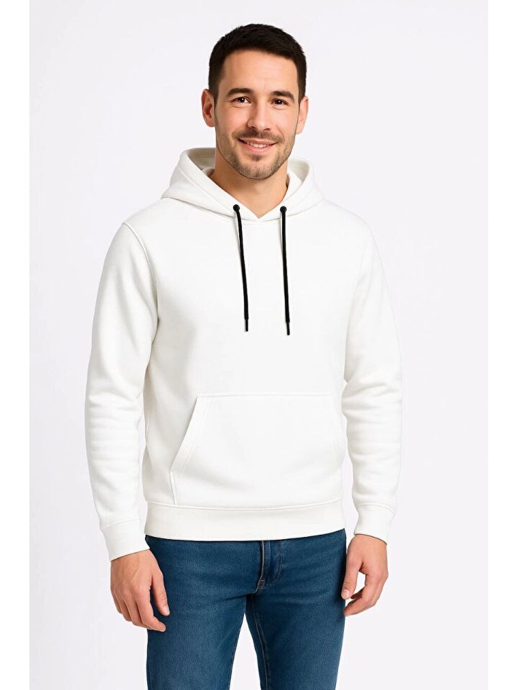 Erkek Üç İplik Kapüşonlu Kanguru Cepli Sweashirt Hoodie - Beyaz