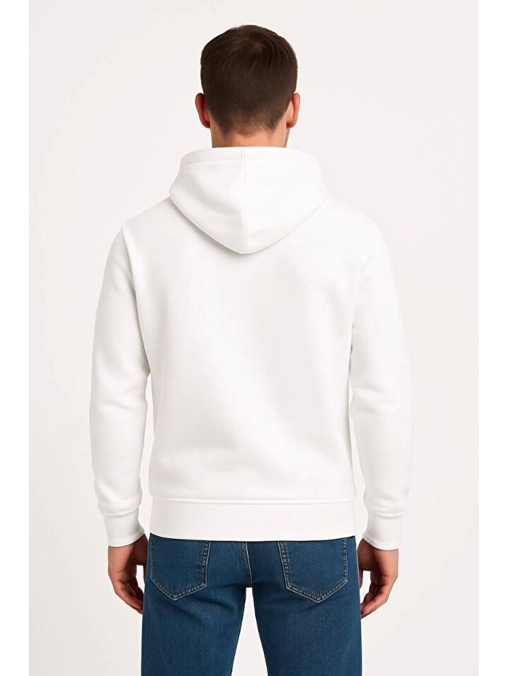Erkek Üç İplik Kapüşonlu Kanguru Cepli Sweashirt Hoodie - Beyaz-1