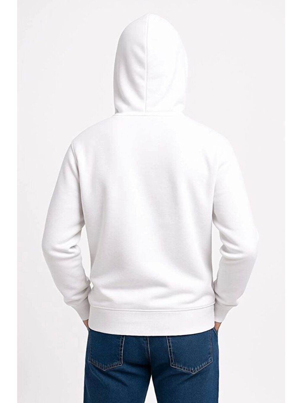 Erkek Üç İplik Kapüşonlu Kanguru Cepli Sweashirt Hoodie - Beyaz-2