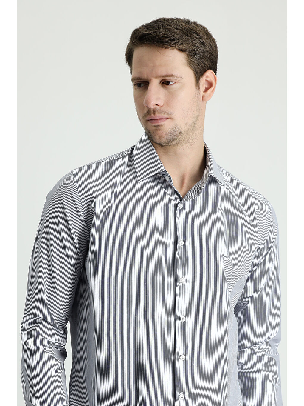 Lacivert Uzun Kol Slim Fit Dar Kesim Çizgili Pamuklu Kolay Ütülenebilir Gömlek
