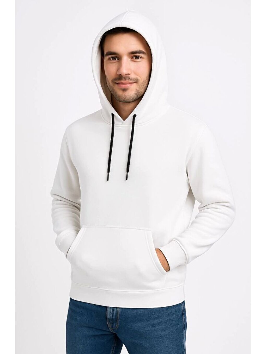 Erkek Üç İplik Kapüşonlu Kanguru Cepli Sweashirt Hoodie - Beyaz-3