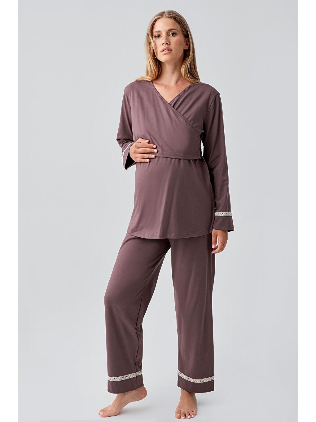 Kahverengi Uzun Kollu Esnek Pamuklu Hamile Pijama Takım 18201-1