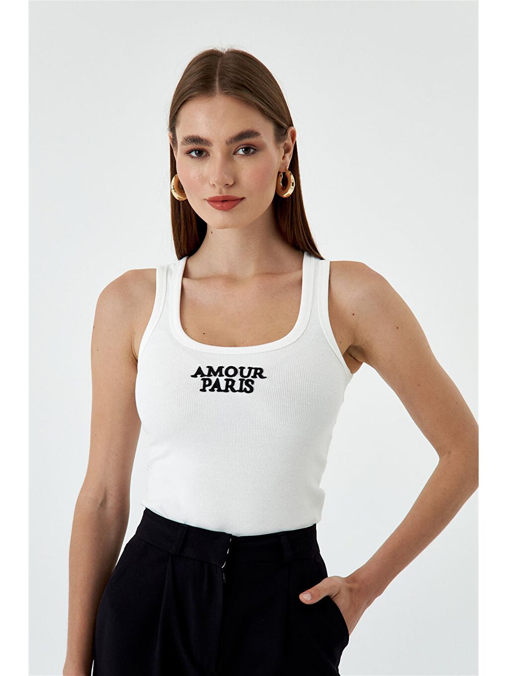 Fitilli Basic Nakışlı Ekru Kadın Atlet