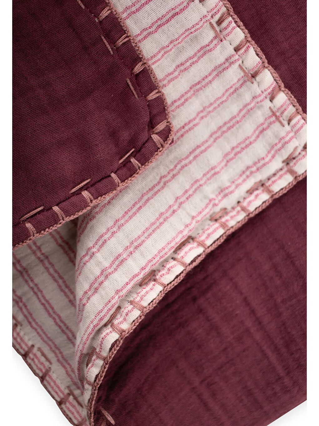 Müslin Çift Taraflı El İşili Bebek Battaniye (Yıkanmıştır) 100X100 Cm Mürdüm Çizgili-3