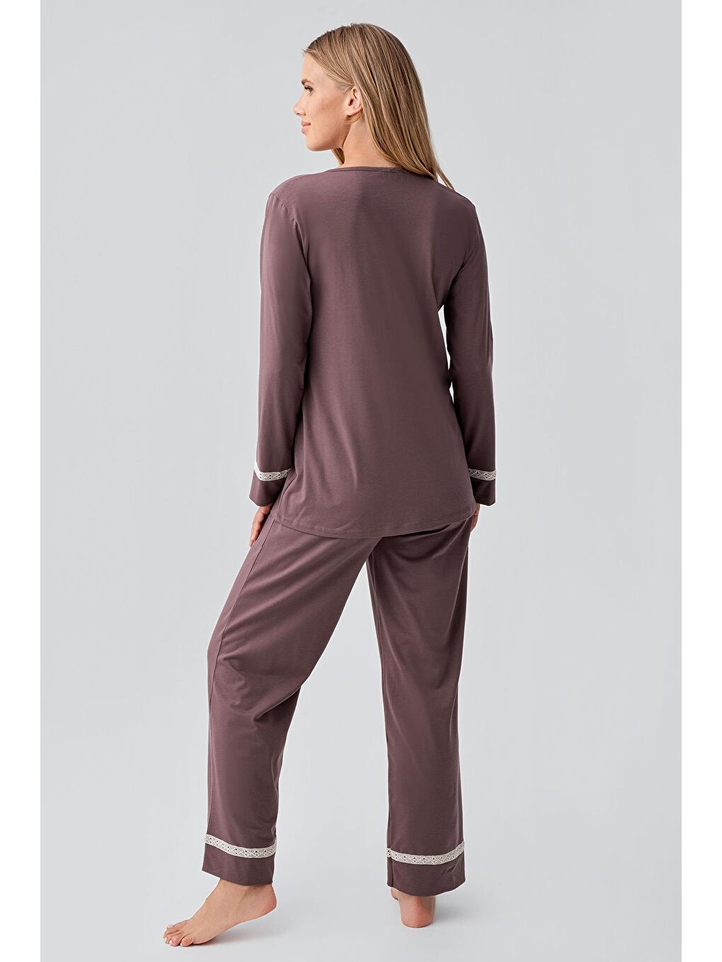 Kahverengi Uzun Kollu Esnek Pamuklu Hamile Pijama Takım 18201-2