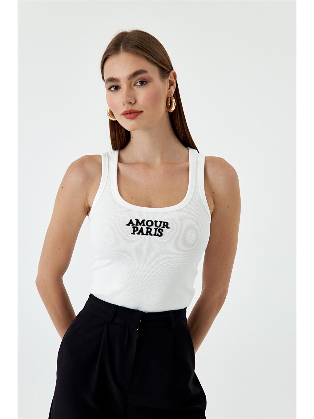 Fitilli Basic Nakışlı Ekru Kadın Atlet-1