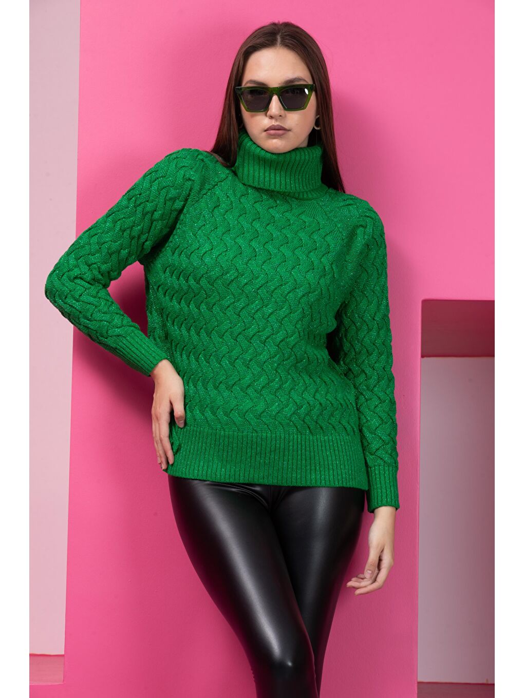 Yeşil Kadın Sim Garnili Hasır Örgü Triko Kazak
