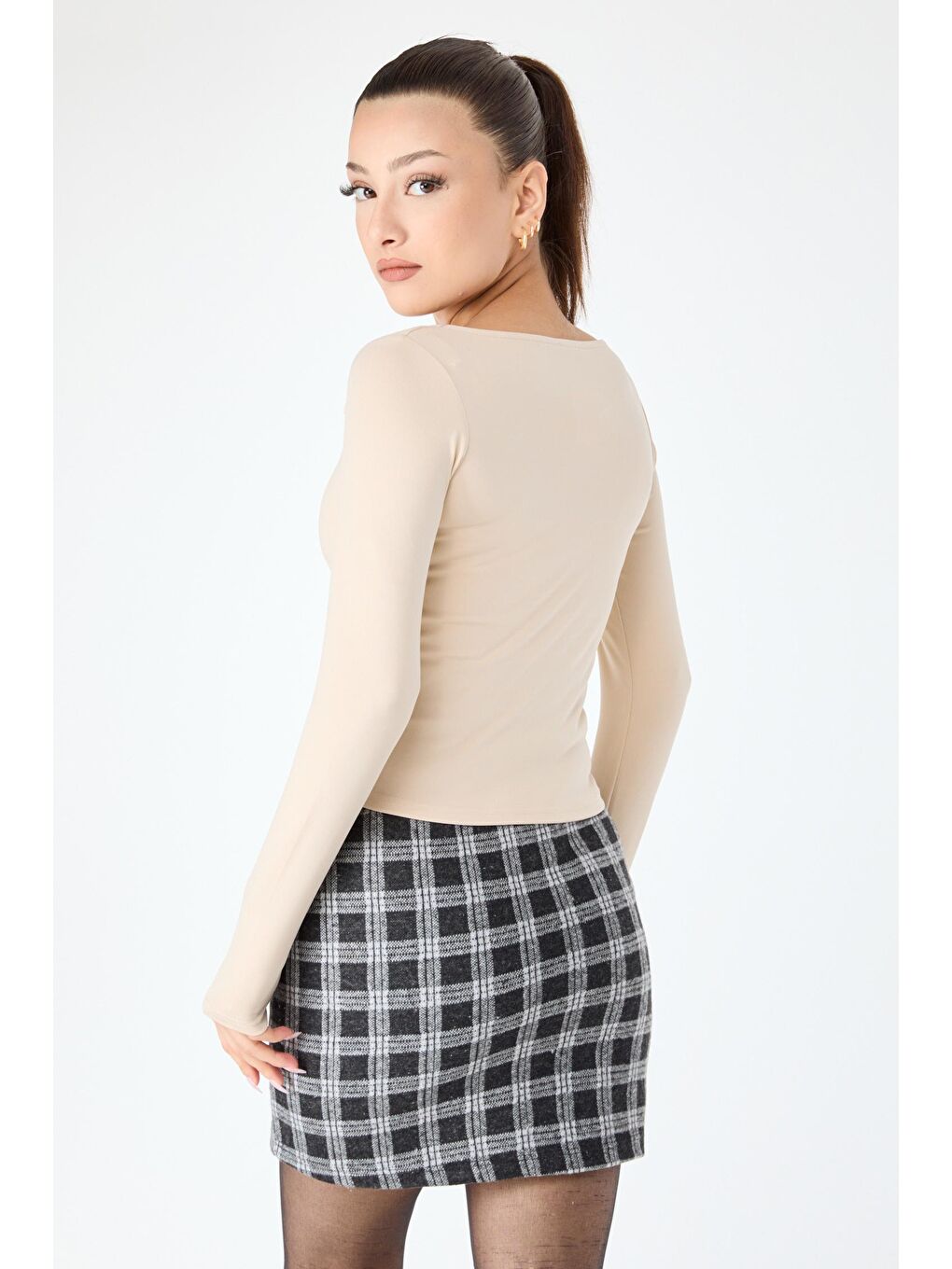 Kruvaze Yaka Kadın Bej Bluz - 24308-4