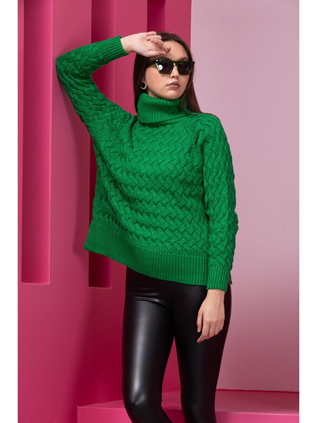 Yeşil Kadın Sim Garnili Hasır Örgü Triko Kazak-1