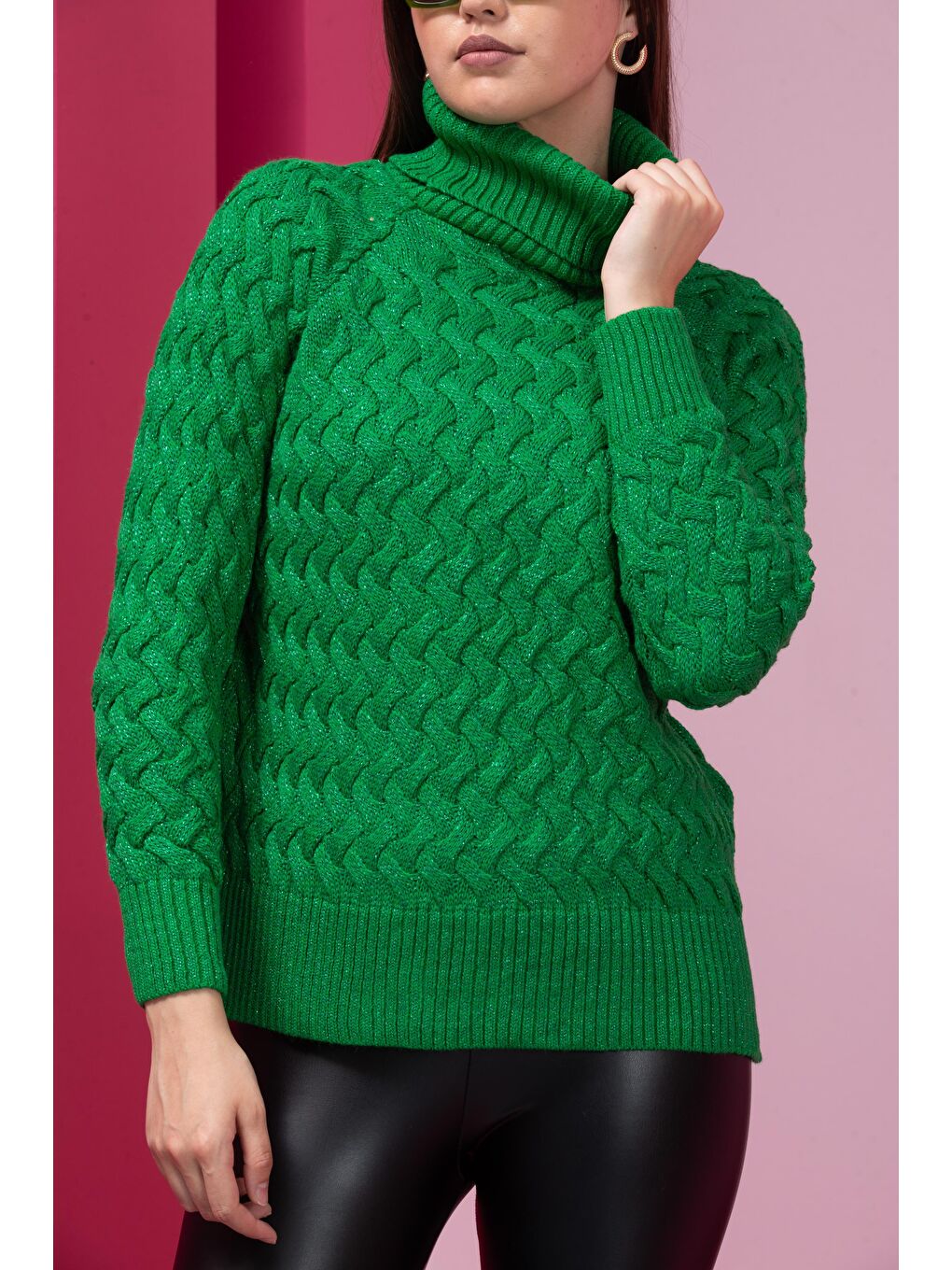 Yeşil Kadın Sim Garnili Hasır Örgü Triko Kazak-2