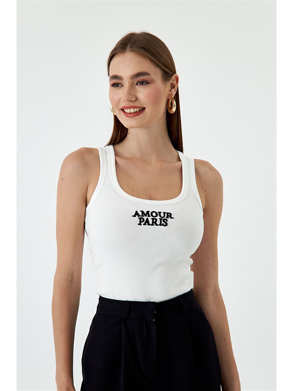 Fitilli Basic Nakışlı Ekru Kadın Atlet-3