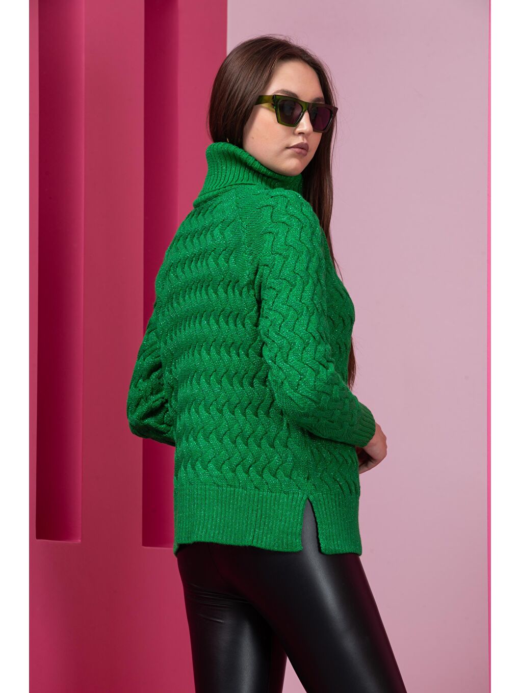 Yeşil Kadın Sim Garnili Hasır Örgü Triko Kazak-3