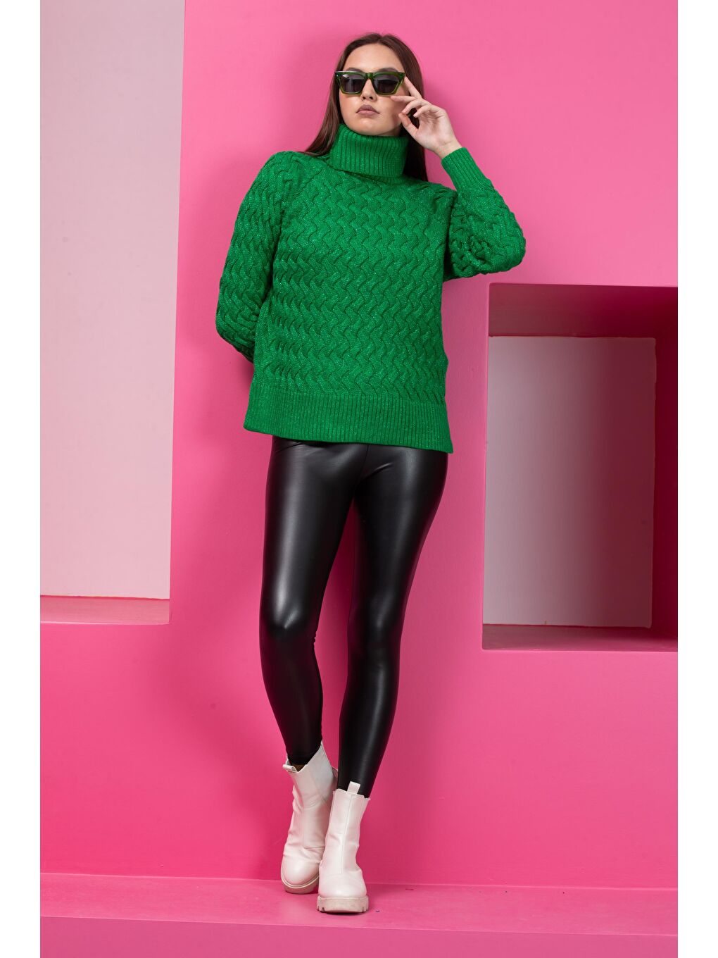 Yeşil Kadın Sim Garnili Hasır Örgü Triko Kazak-4