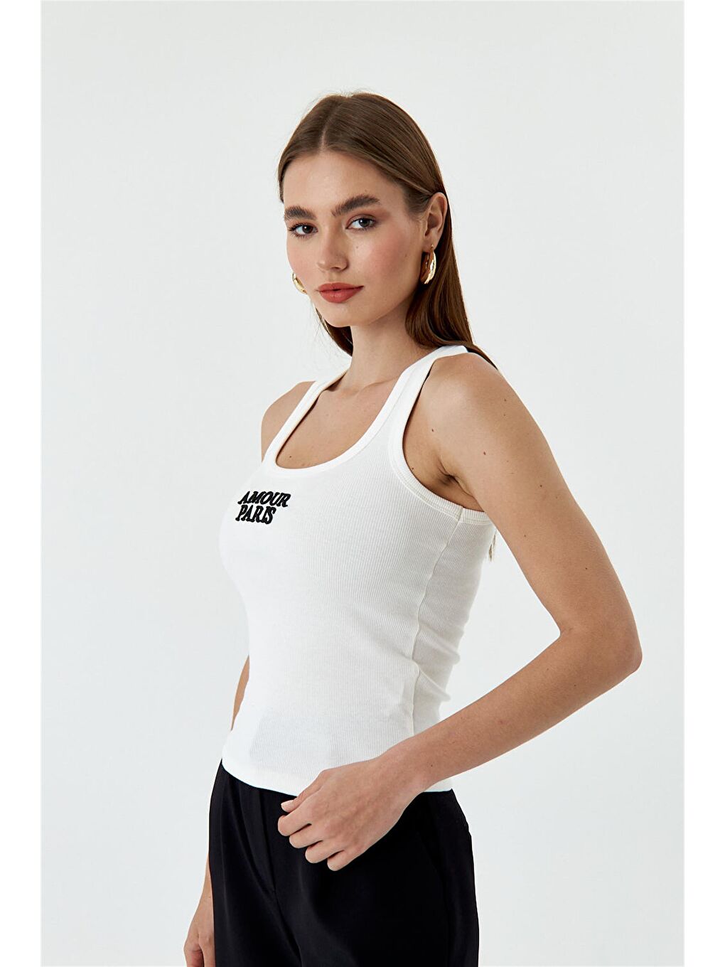 Fitilli Basic Nakışlı Ekru Kadın Atlet-4