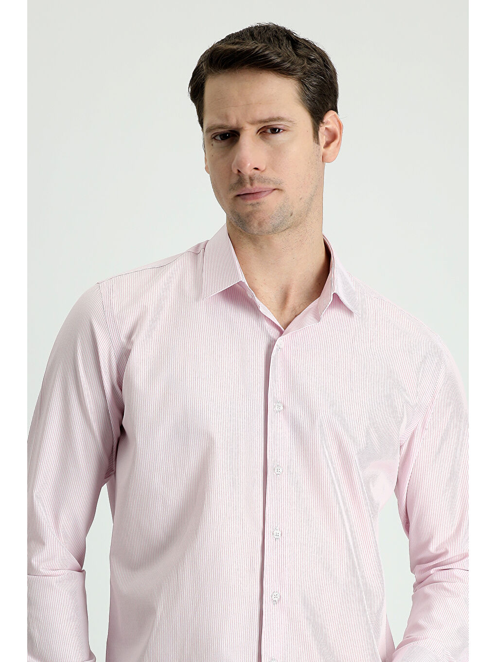 Pembe Uzun Kol Slim Fit Dar Kesim Çizgili Pamuklu Kolay Ütülenebilir Gömlek-1