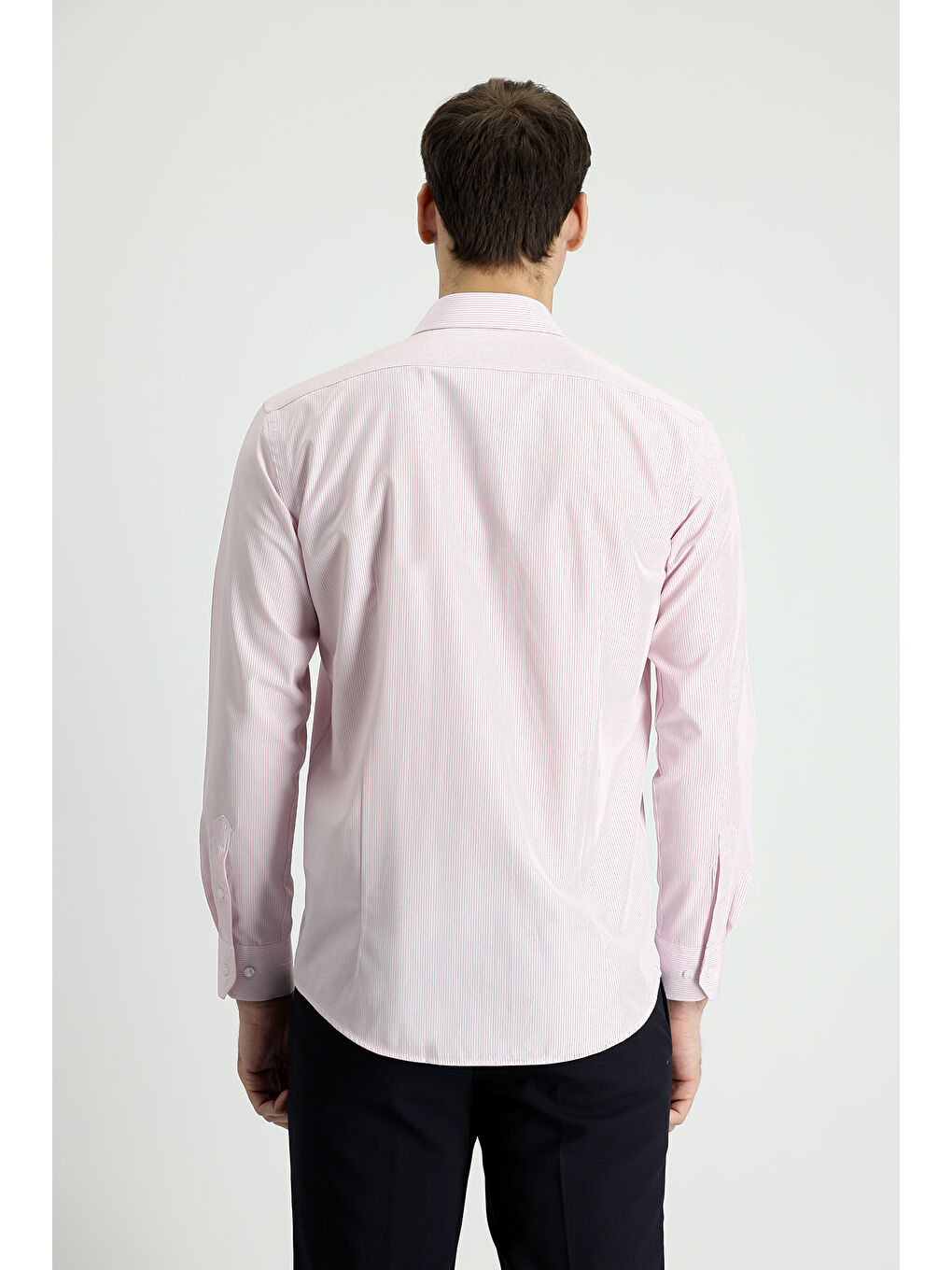 Pembe Uzun Kol Slim Fit Dar Kesim Çizgili Pamuklu Kolay Ütülenebilir Gömlek-2
