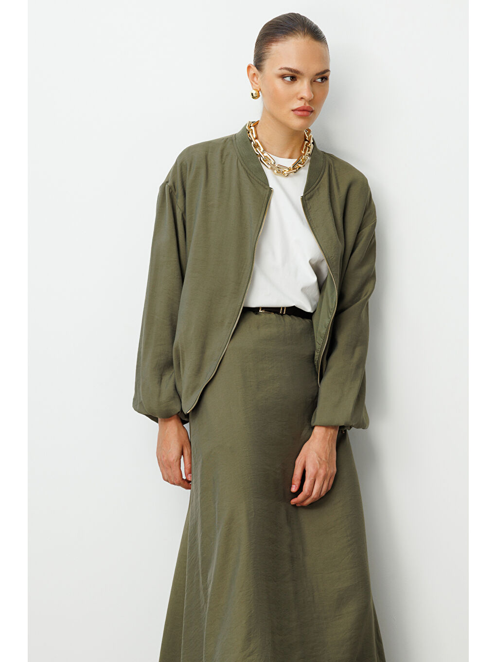 Modal Karışımlı Haki Oversize Bomber Ceket