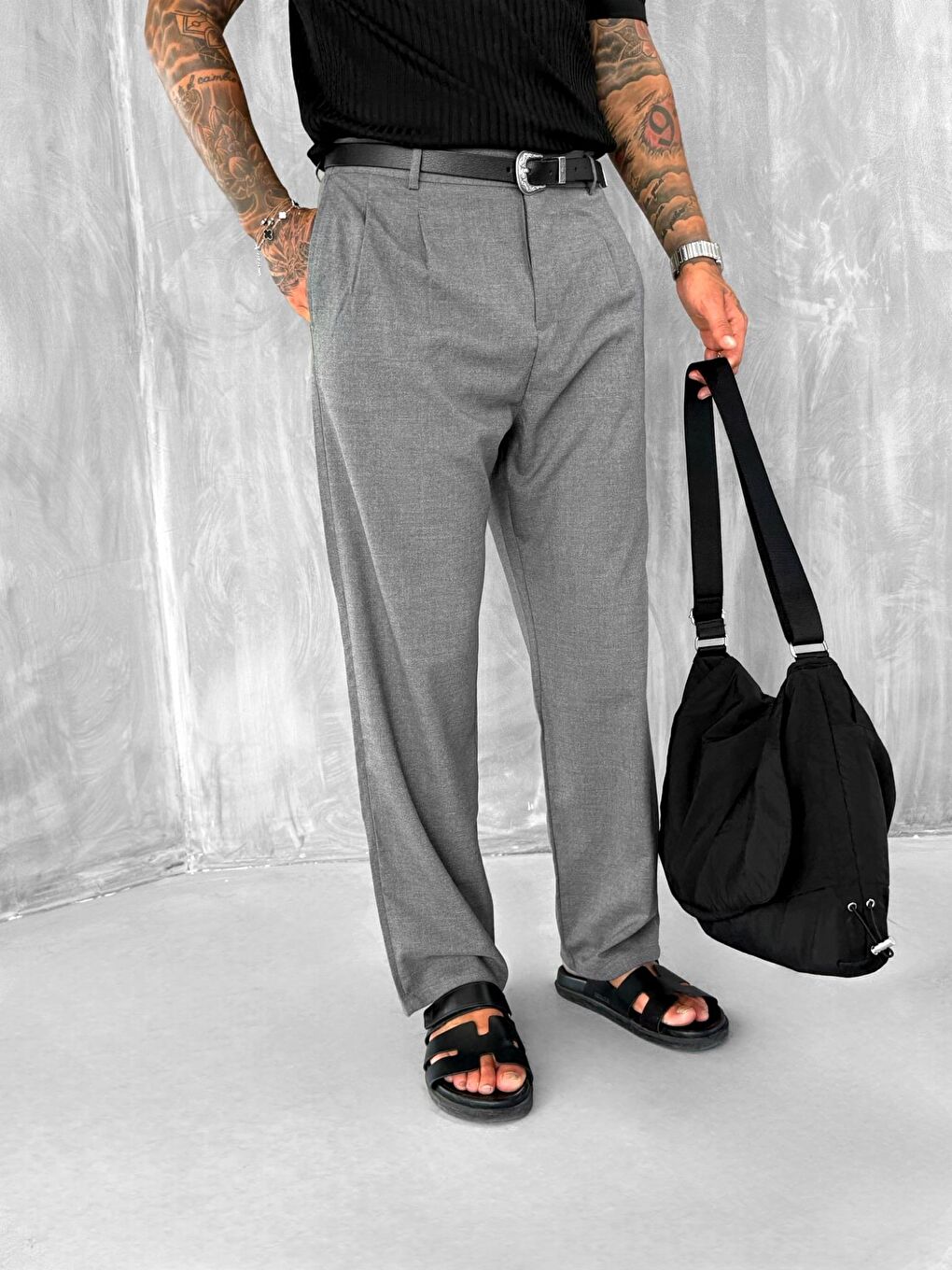 Erkek Baggy Fit Kumaş Pantolon Antrasit-4