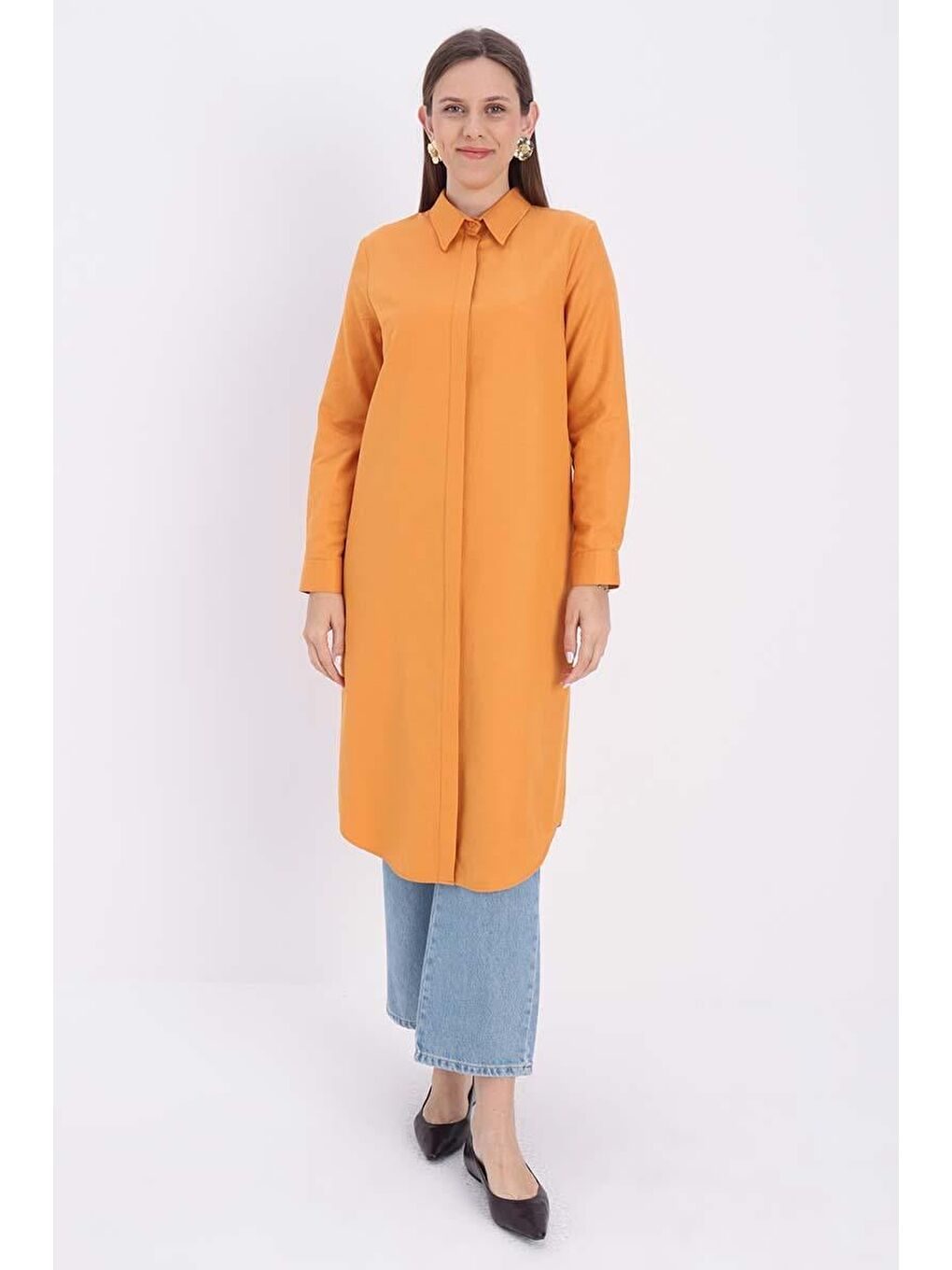 Kahverengi Taba-Gizli Patlı Uzun Gömlek-1