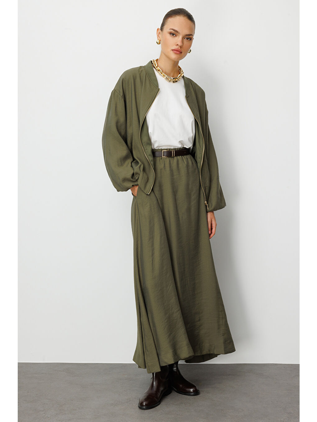 Modal Karışımlı Haki Oversize Bomber Ceket-1