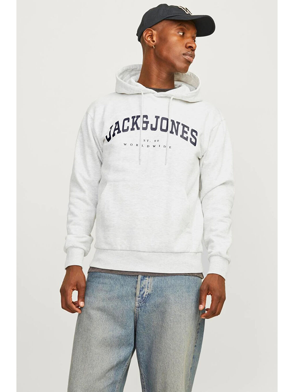 Jack & Jones Açık Gri Pamuklu Relaxed Fit Kapüşonlu Erkek Sweat