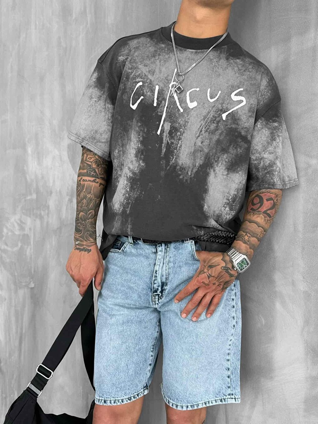 Erkek Cirsus Baskılı Yıkamalı Oversize Tişört Siyah