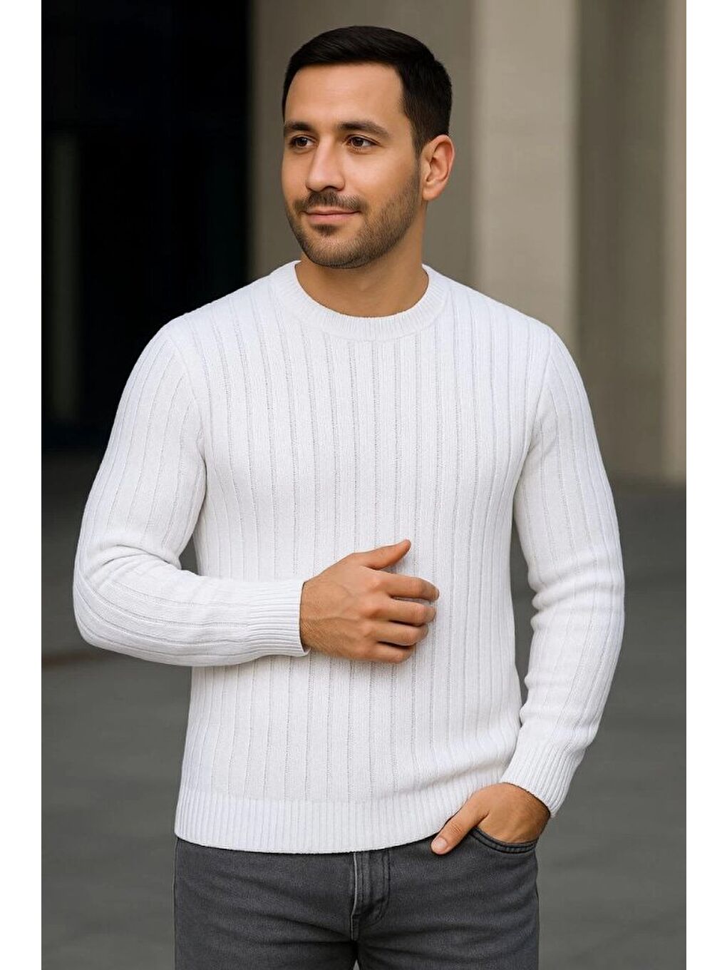 Beyaz Erkek Bisiklet Yuvarlak Yaka Triko Kazak-2