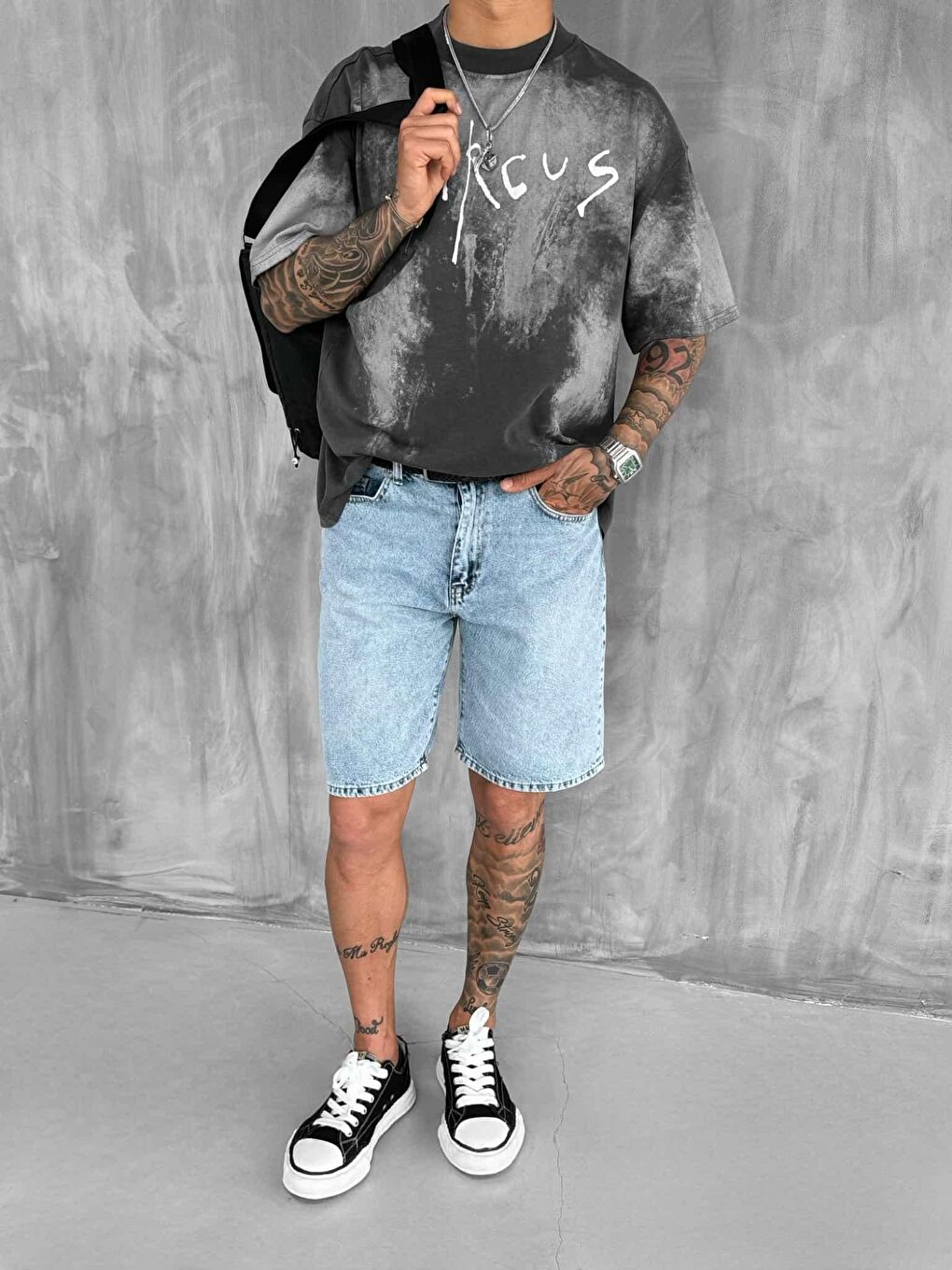 Erkek Cirsus Baskılı Yıkamalı Oversize Tişört Siyah-2