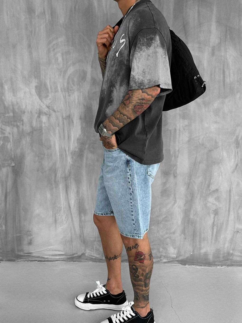 Erkek Cirsus Baskılı Yıkamalı Oversize Tişört Siyah-3