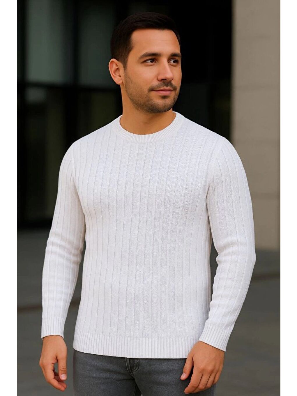 Beyaz Erkek Bisiklet Yuvarlak Yaka Triko Kazak-3