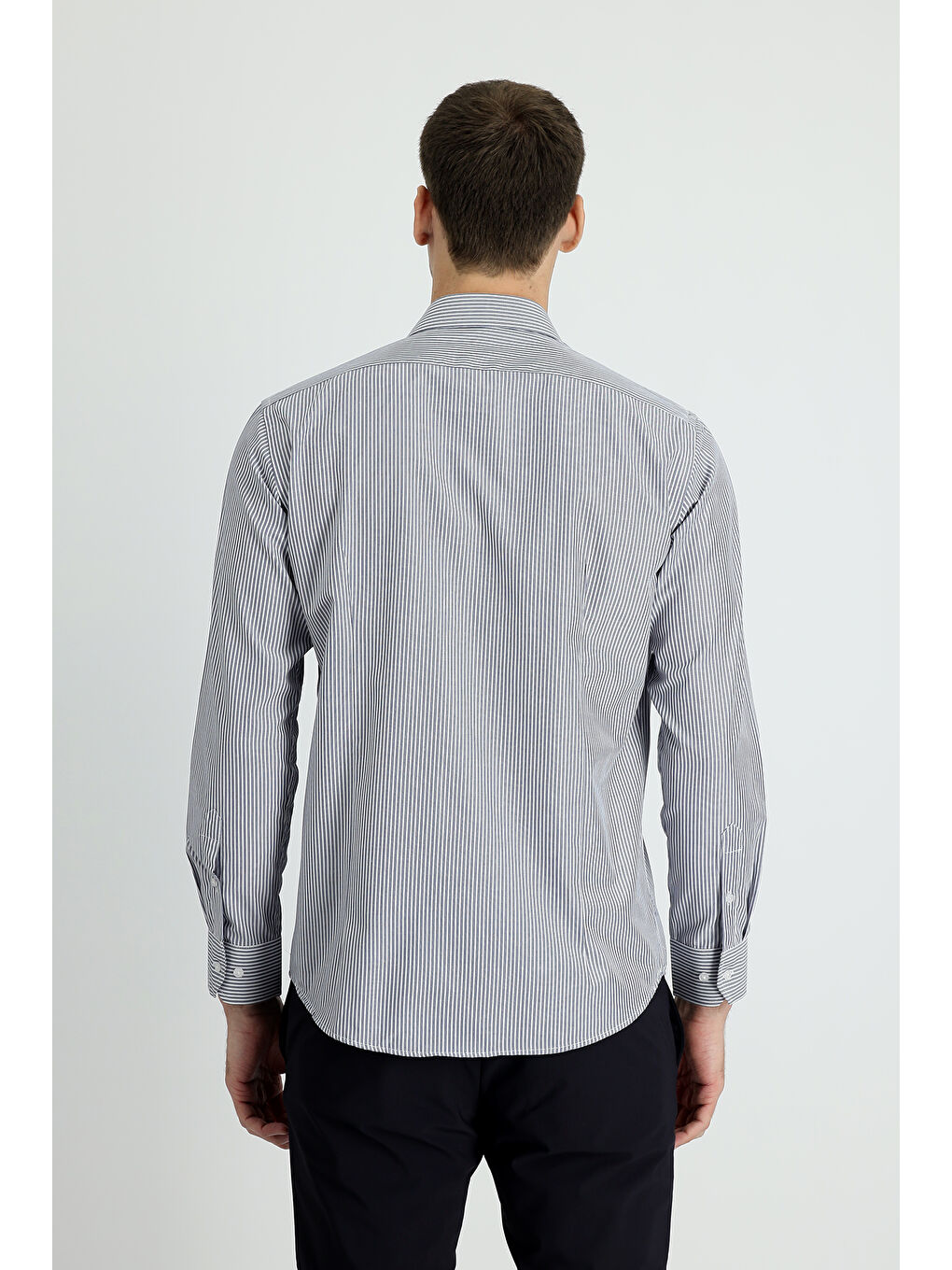 Lacivert Uzun Kol Slim Fit Dar Kesim Çizgili Pamuklu Kolay Ütülenebilir Gömlek-1