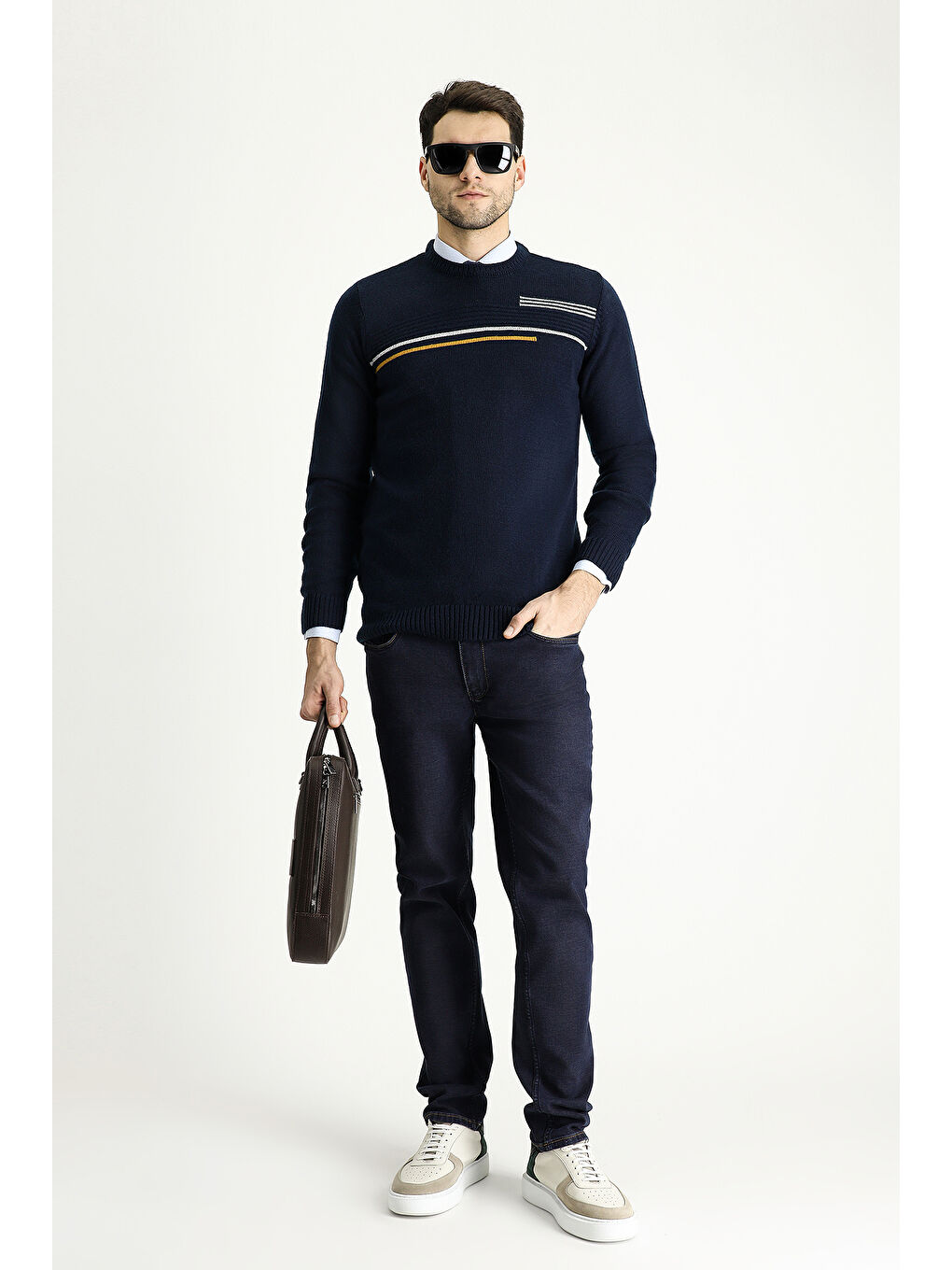 Lacivert Bisiklet Yaka Regular Fit Desenli Triko Büyük Beden Kazak-1