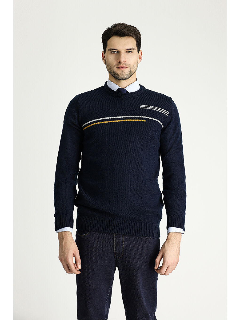 Lacivert Bisiklet Yaka Regular Fit Desenli Triko Büyük Beden Kazak-2