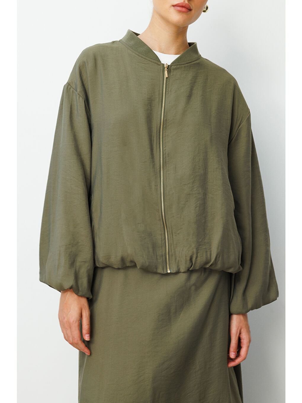 Modal Karışımlı Haki Oversize Bomber Ceket-3