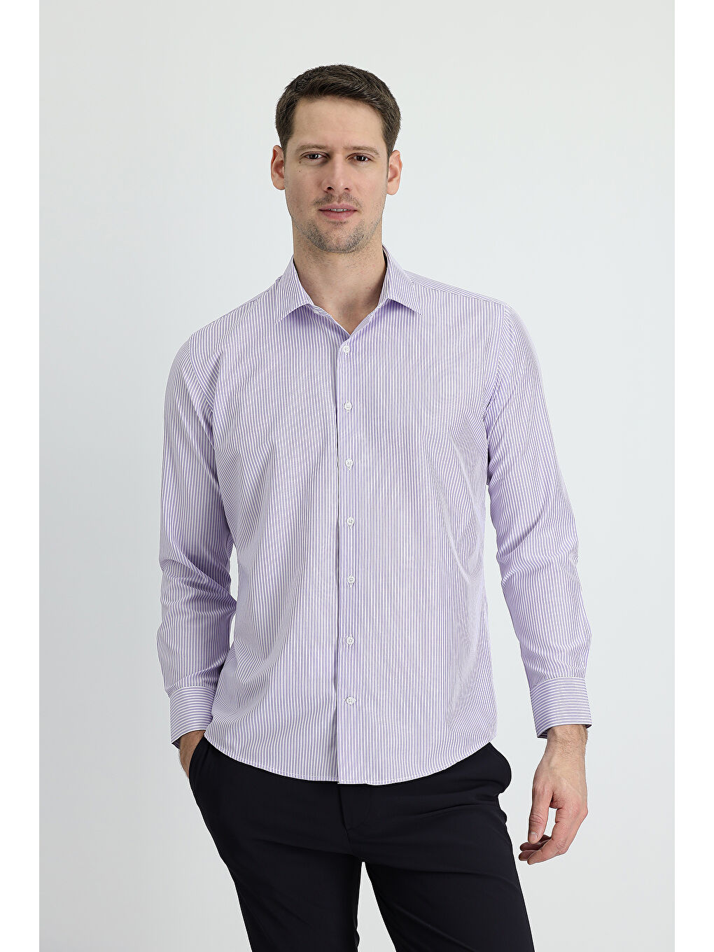 Lila Uzun Kol Slim Fit Dar Kesim Çizgili Pamuklu Kolay Ütülenebilir Gömlek